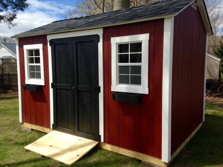 Superior Sheds 3 Red Shed with Black Double Doors and Flower Boxes 768x576
